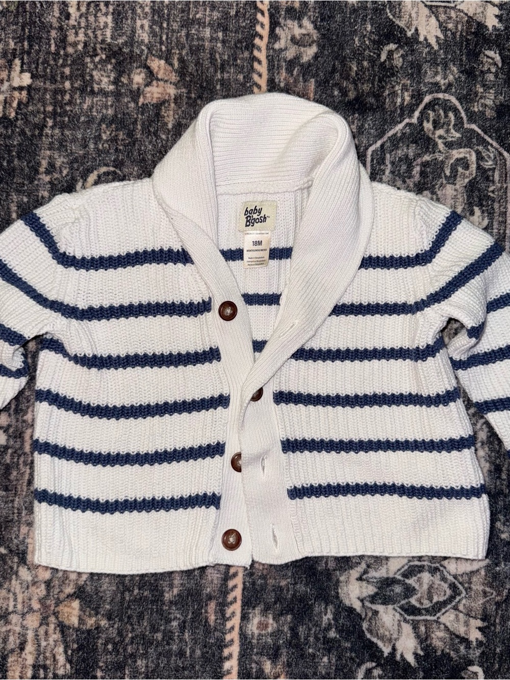 Shawl Collar Striped Knit Jacket - White & Navy Toddler 18M Baby Bgosh